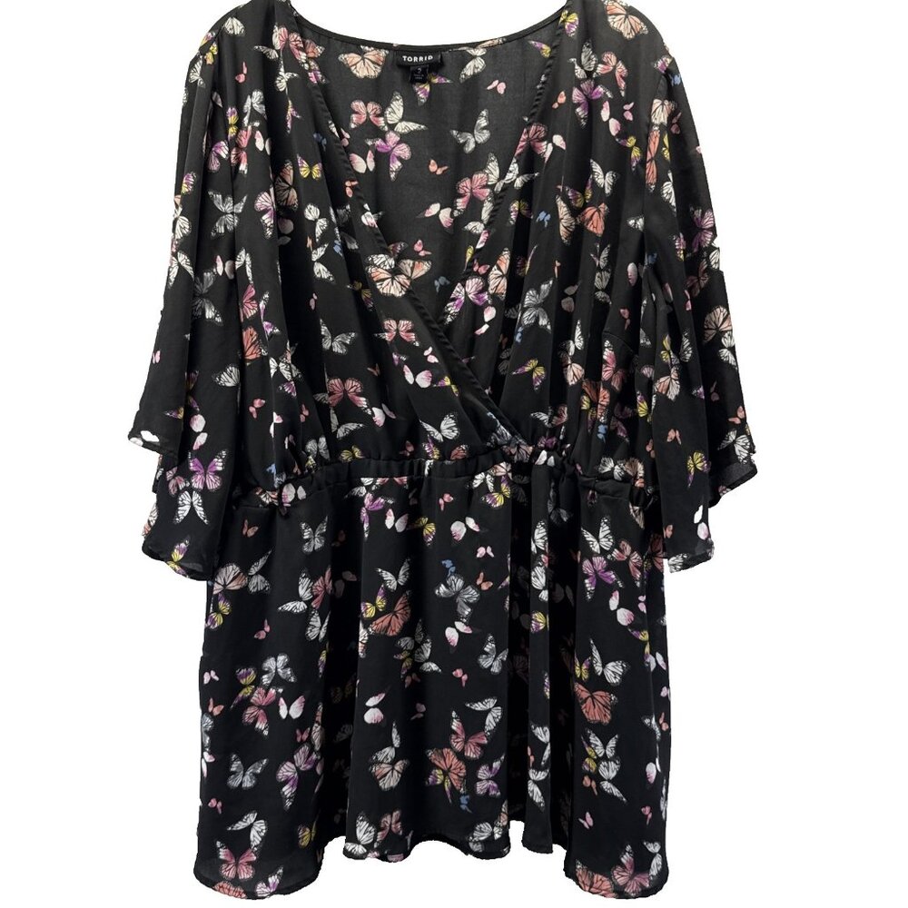 Torrid Women's Top Size 2X Black Colorful Butterflies Babydoll Bell Sleeve Sheer